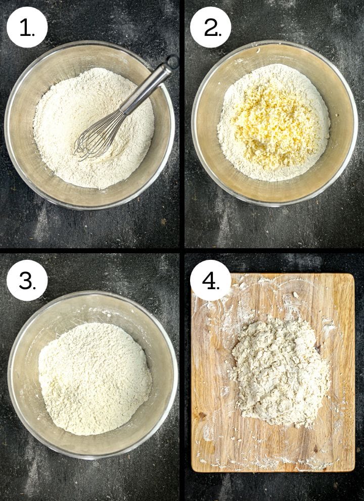 Step by step photos showing how to make the best flaky biscuits. Whisk together the dry ingredients (1), add the grated butter (2), lightly toss (3), add the buttermilk and turn out onto a board (4).