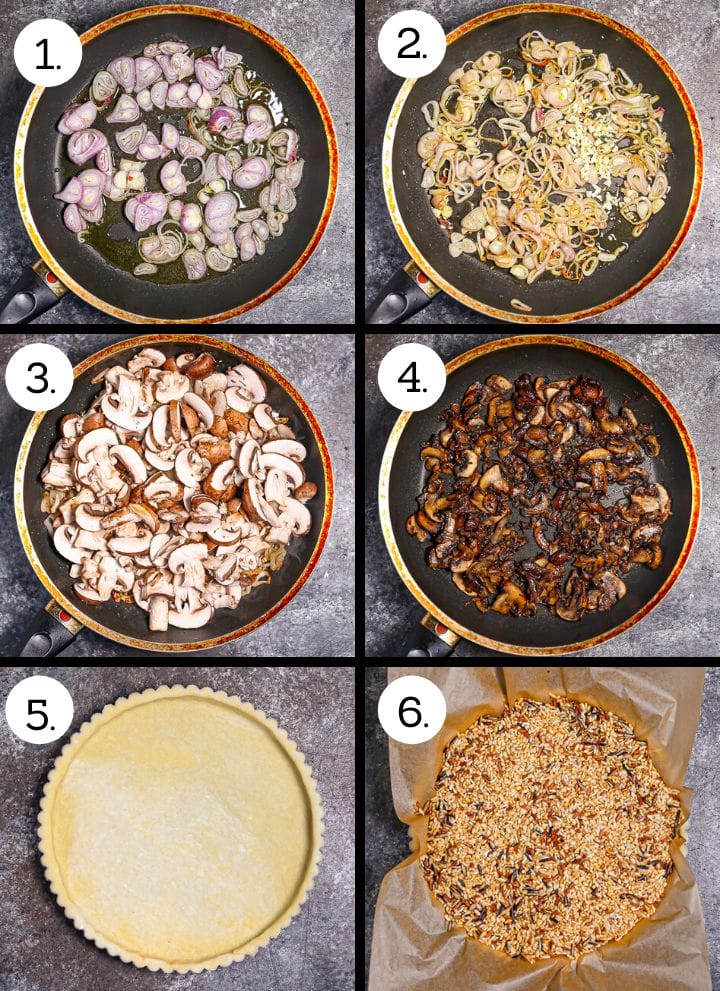 Step by step photos showing how to make a mushroom tart. Add the sliced shallots to the pan (1), cook until the shallots are golden brown (2), add the mushrooms (3), cook until caramelized (4), press the dough into the tart pan (5), fill with pie weights (6).