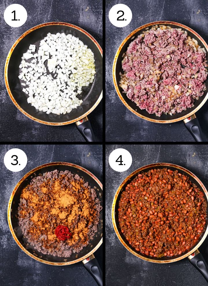 Step by step photos showing how to make Beef Taco Casserole. Saute the onion (1), brown the beef (2), mix in the taco seasoning and tomato paste (3), add the beans (4).