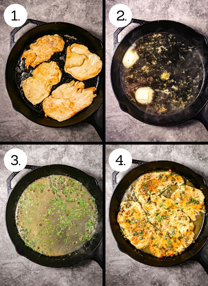 Step by step photos showing how to make chicken piccata. Sear the chicken (1), reduce the wine and add the butter (2), stir in capers and parsley (3), add the chicken back and turn to coat (4).