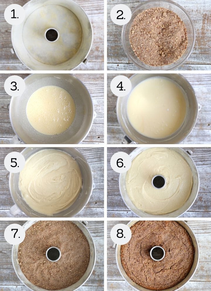 Step by step photos showing how to make Sour Cream Coffee Cake. Grease and flour the pan (1), mix the nut topping (2), beat the eggs and sugar (3), add the melted butter (4), add the dry ingredients (5), spread the batter in the pan (6) top with nut topping and repeat (7) bake until set (8).